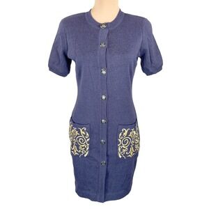 Vintage Bill Blass Knit Dress‎ Gold Embroidery Pockets Short Sleeve Career Small